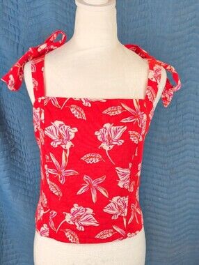 Joie Red Tropical Floral Linen Blend Tie Shoulder Crop Top 12